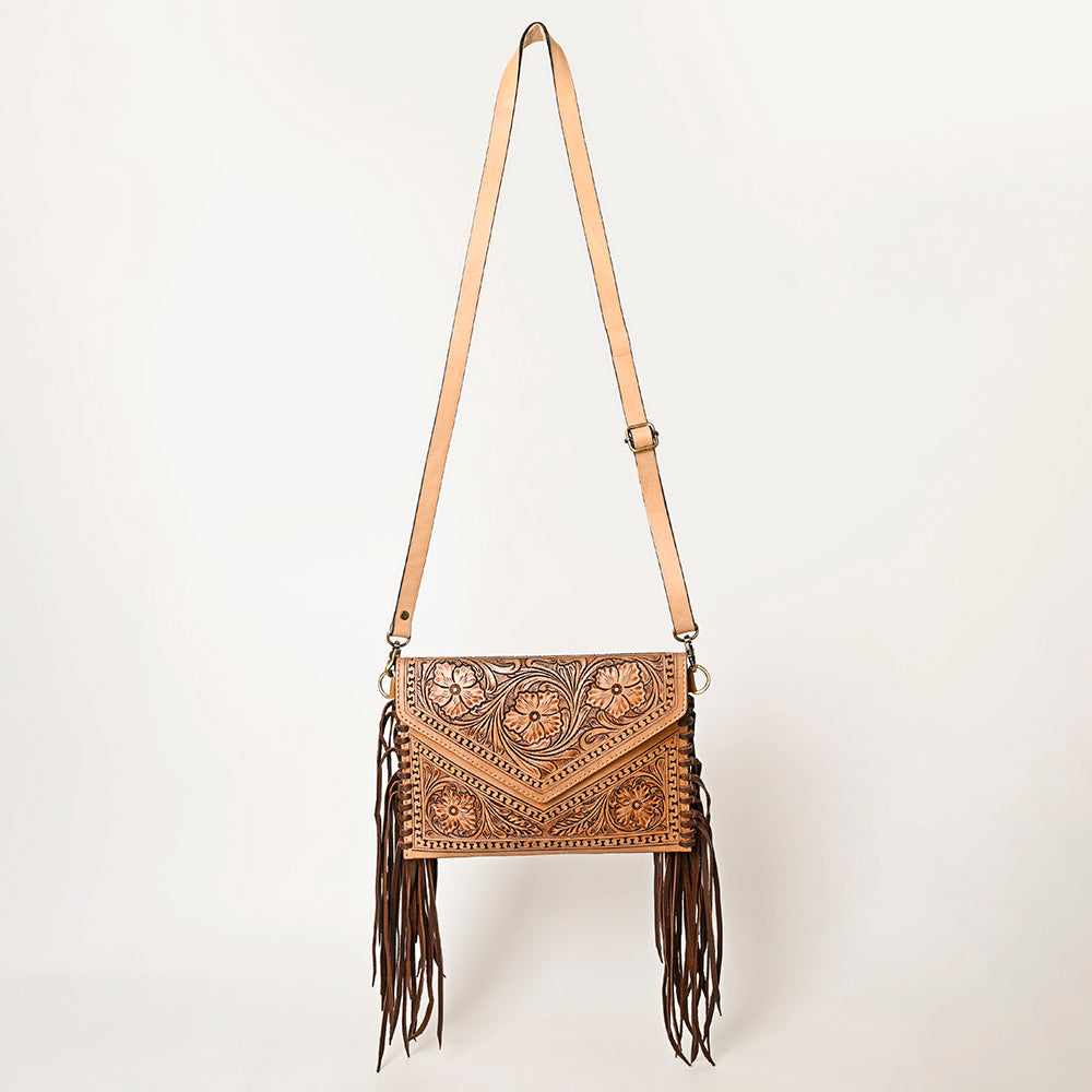 ADBGF105 Envelope-Style Genuine Leather Western Bag with Fringe & Floral Tooling
