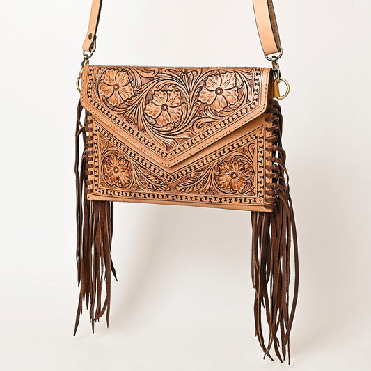 ADBGF105 Envelope-Style Genuine Leather Western Bag with Fringe & Floral Tooling