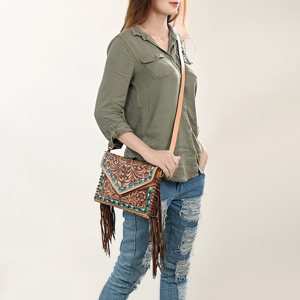 ADBGF105 Envelope-Style Genuine Leather Western Bag with Fringe & Floral Tooling