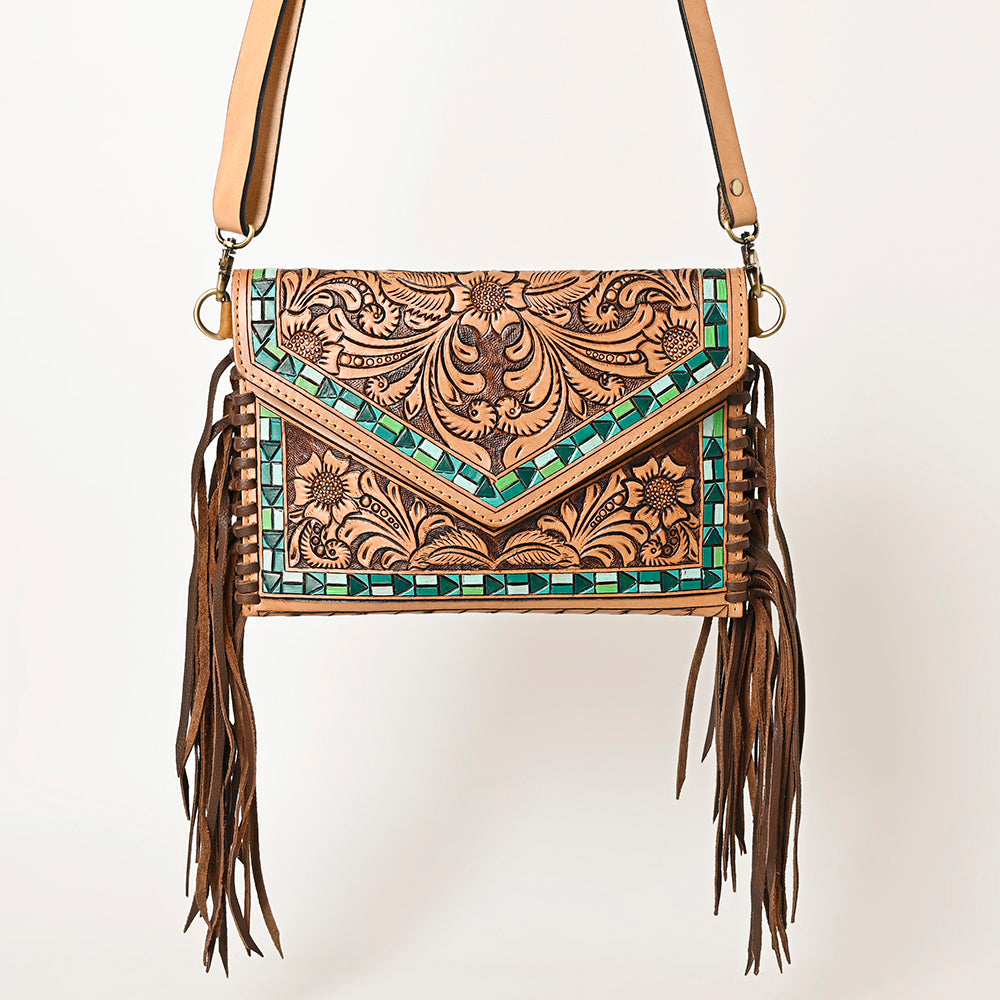 ADBGF105 Envelope-Style Genuine Leather Western Bag with Fringe & Floral Tooling