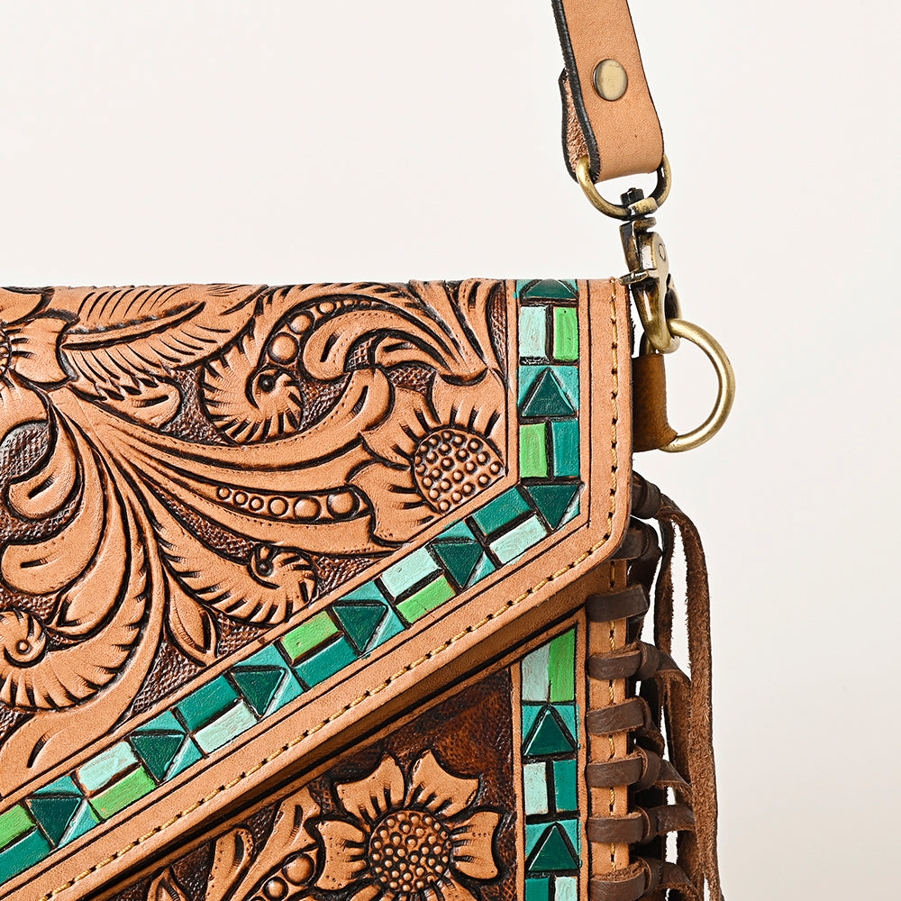 ADBGF105 Envelope-Style Genuine Leather Western Bag with Fringe & Floral Tooling