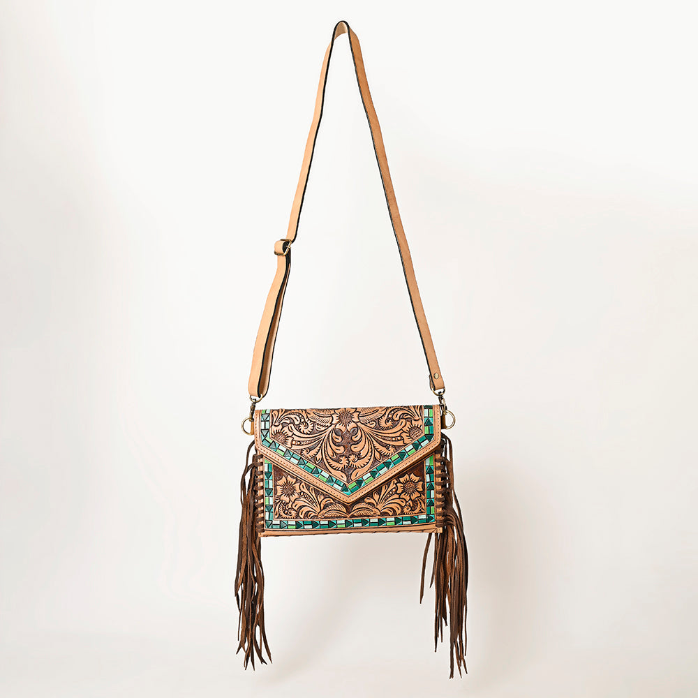 ADBGF105 Envelope-Style Genuine Leather Western Bag with Fringe & Floral Tooling