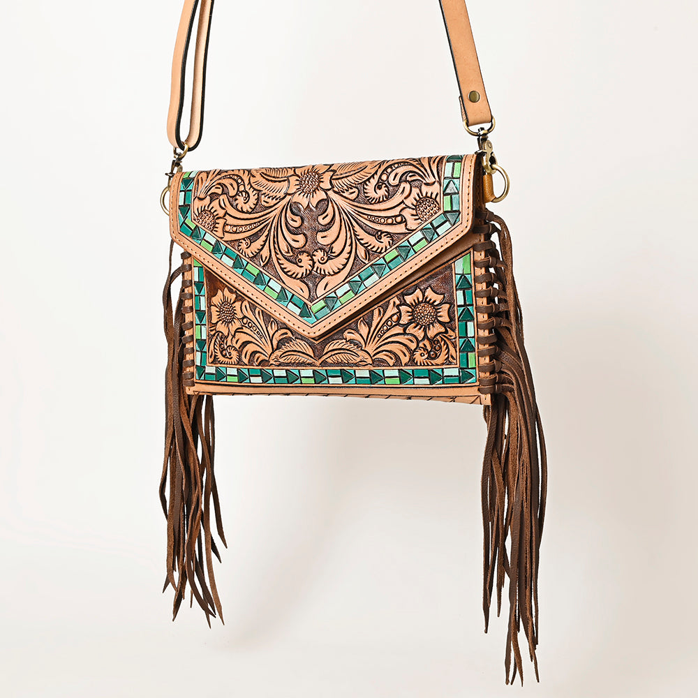 ADBGF105 Envelope-Style Genuine Leather Western Bag with Fringe & Floral Tooling