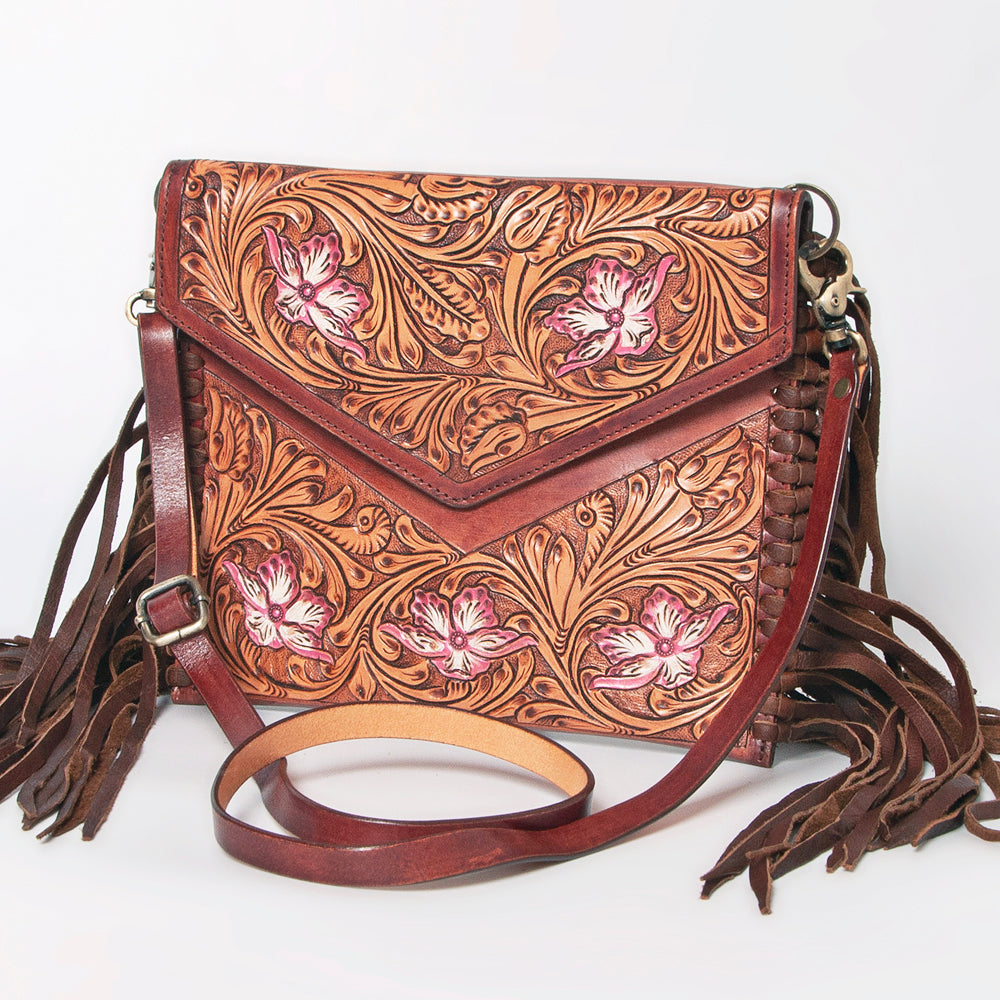 ADBGF105 Envelope-Style Genuine Leather Western Bag with Fringe & Floral Tooling