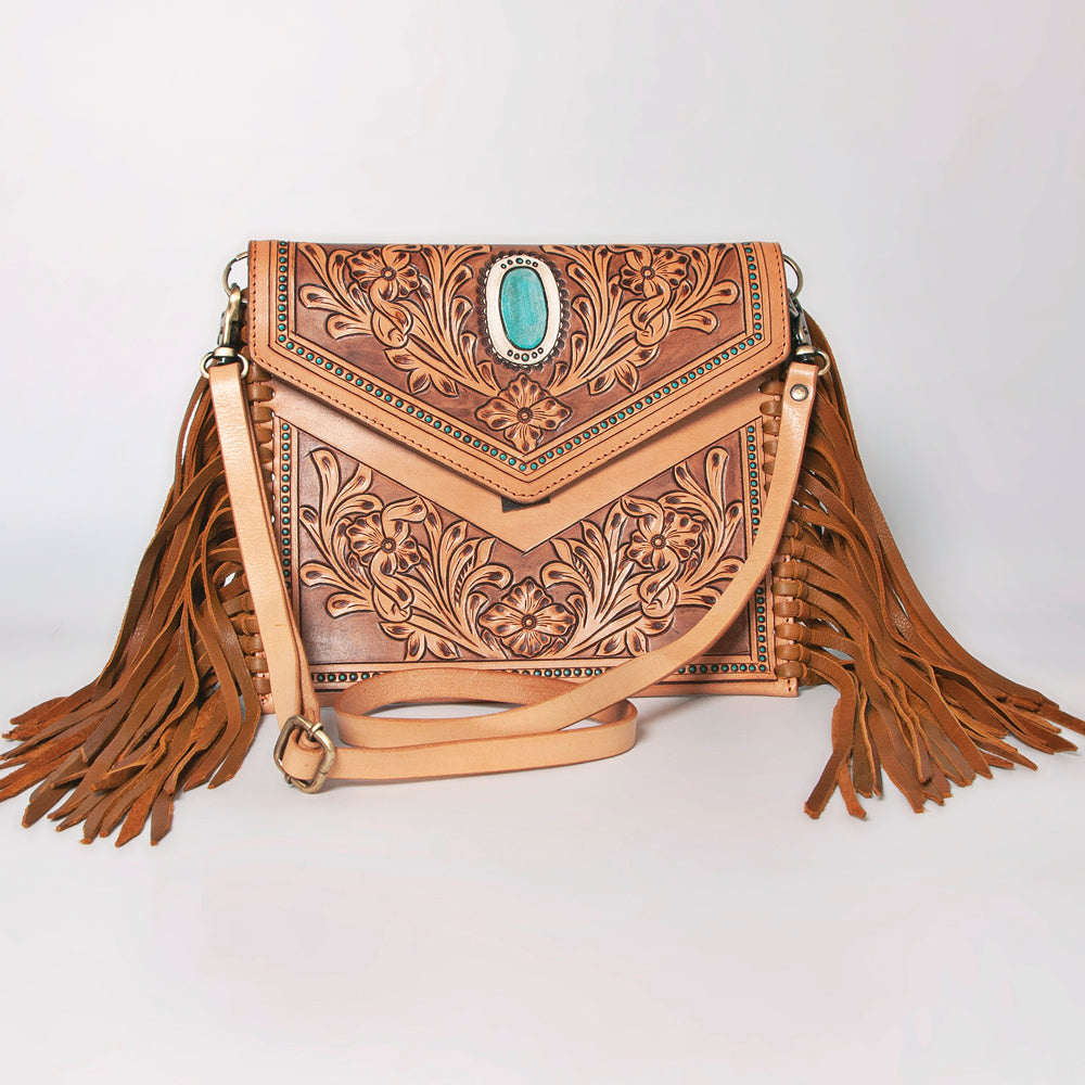 ADBGF105 Envelope-Style Genuine Leather Western Bag with Fringe & Floral Tooling