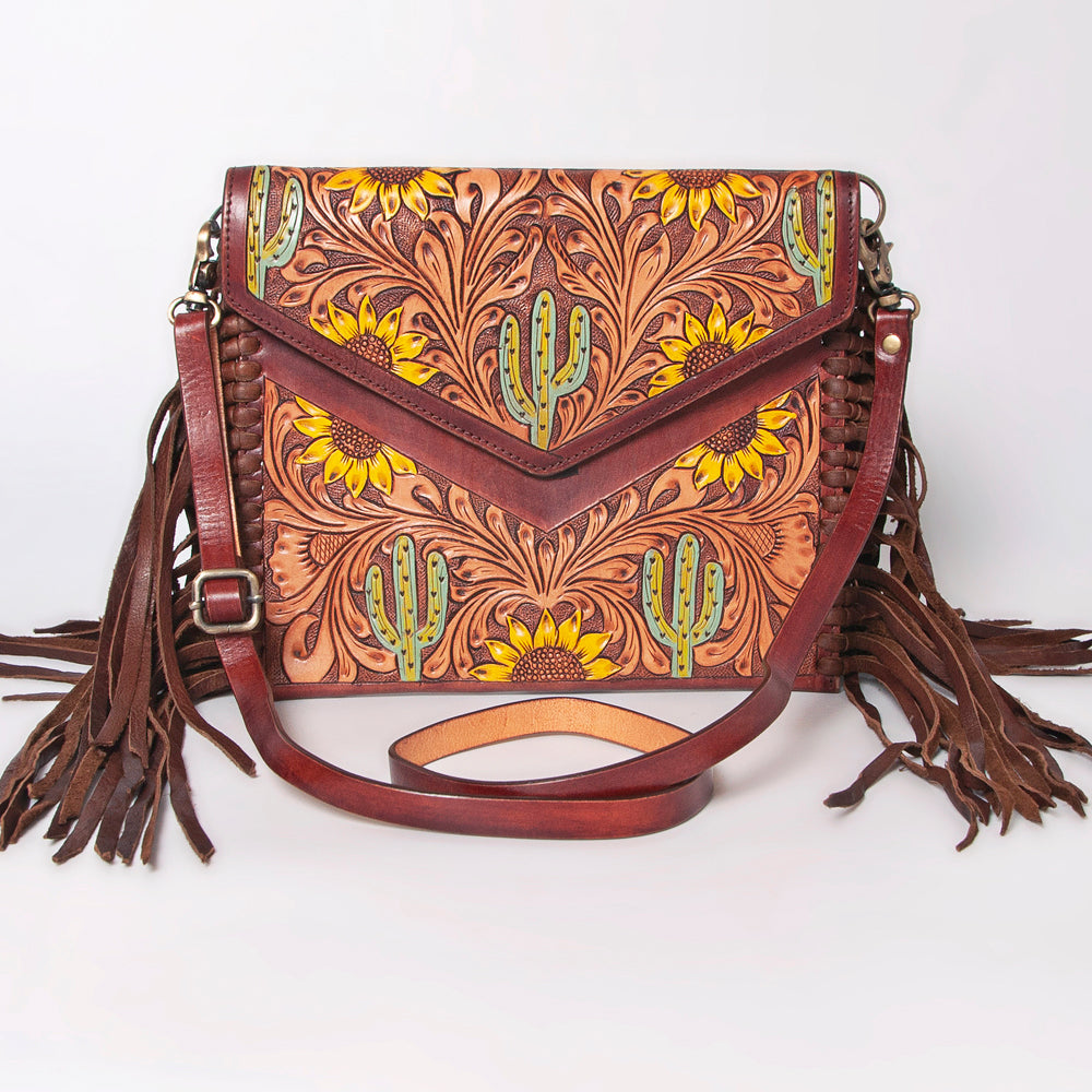 ADBGF105 Envelope-Style Genuine Leather Western Bag with Fringe & Floral Tooling