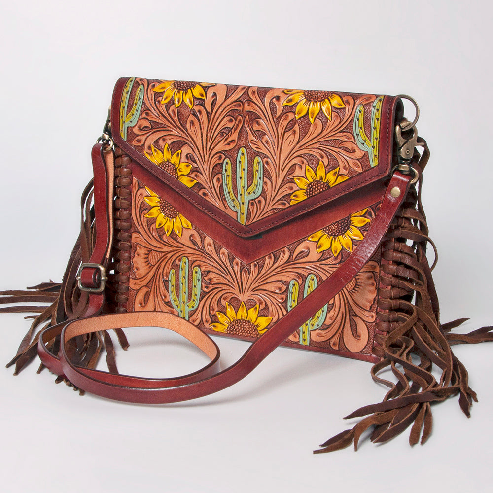 ADBGF105 Envelope-Style Genuine Leather Western Bag with Fringe & Floral Tooling