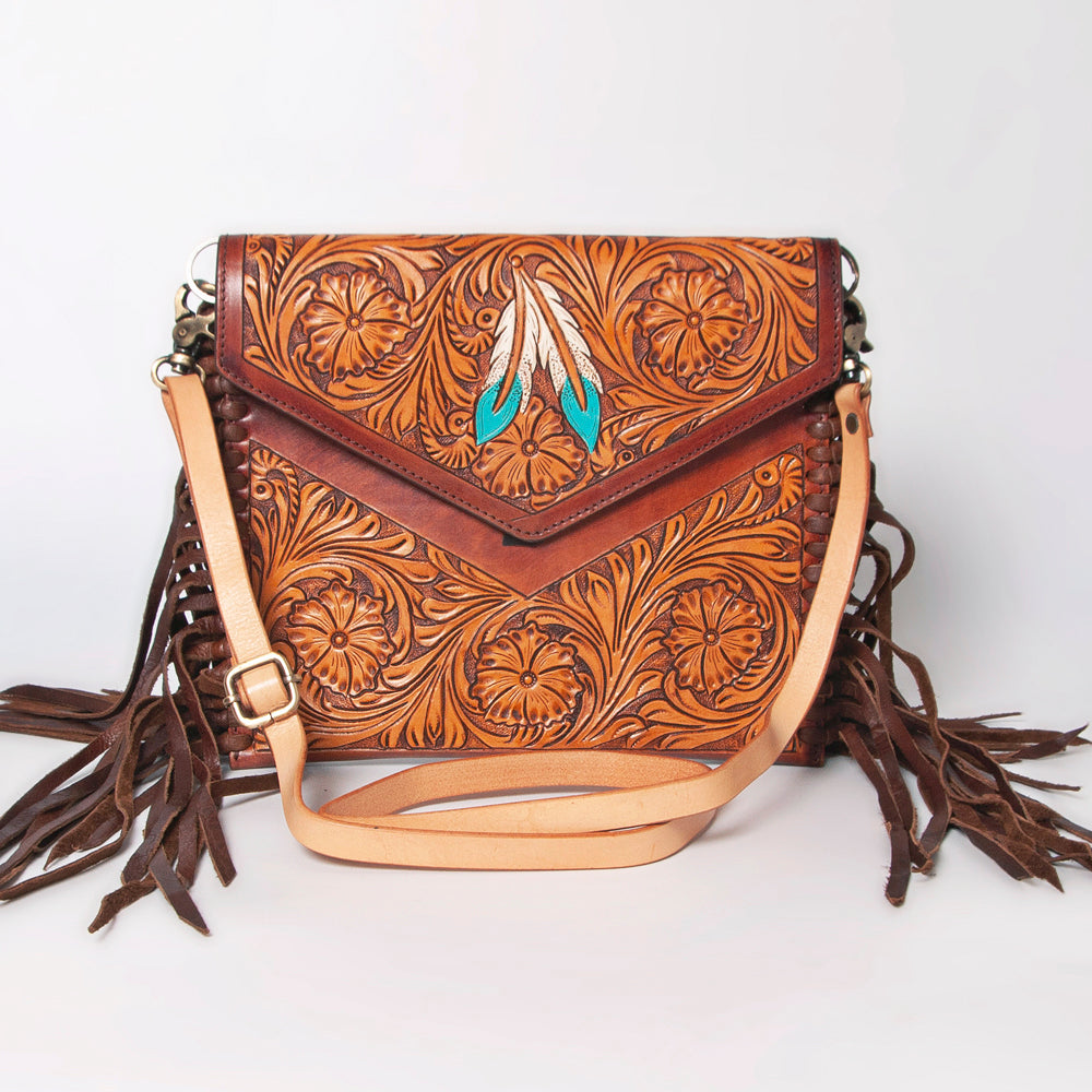 ADBGF105 Envelope-Style Genuine Leather Western Bag with Fringe & Floral Tooling