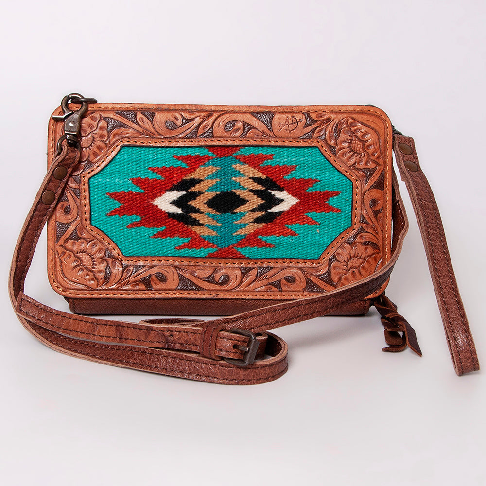 LC-ADBG808 Southwestern Woven Crossbody Wallet with Tooled Genuine Leather Trim