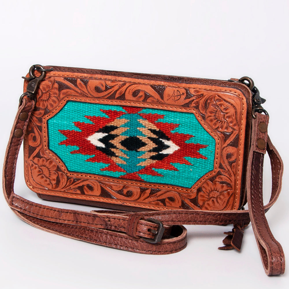LC-ADBG808 Southwestern Woven Crossbody Wallet with Tooled Genuine Leather Trim