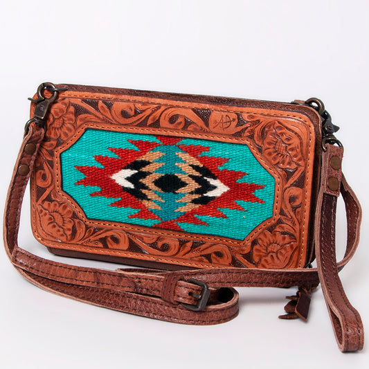 LC-ADBG808 Southwestern Woven Crossbody Wallet with Tooled Genuine Leather Trim