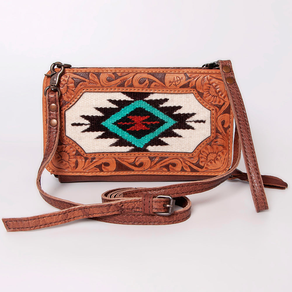 LC-ADBG808 Southwestern Woven Crossbody Wallet with Tooled Genuine Leather Trim