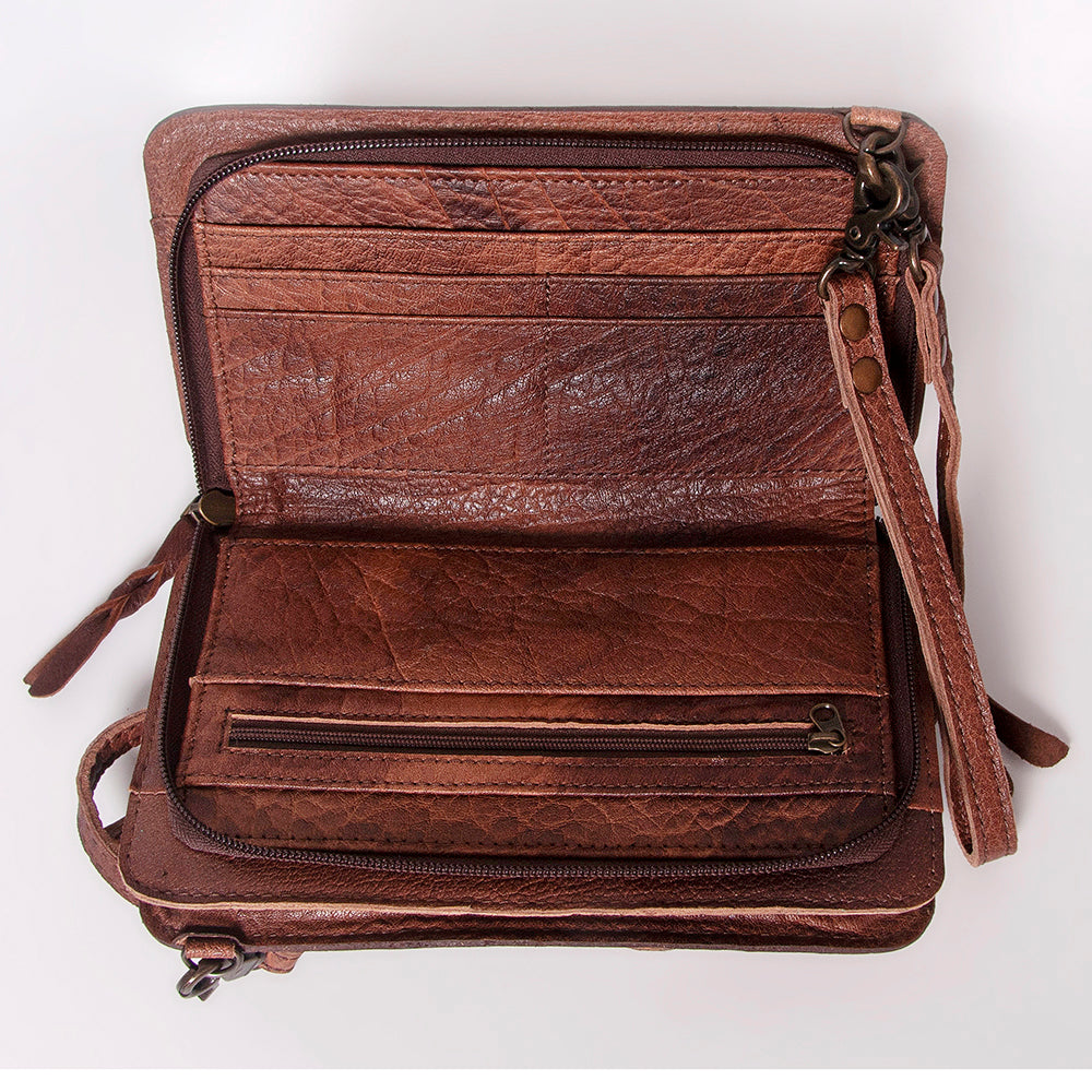 LC-ADBG808 Southwestern Woven Crossbody Wallet with Tooled Genuine Leather Trim