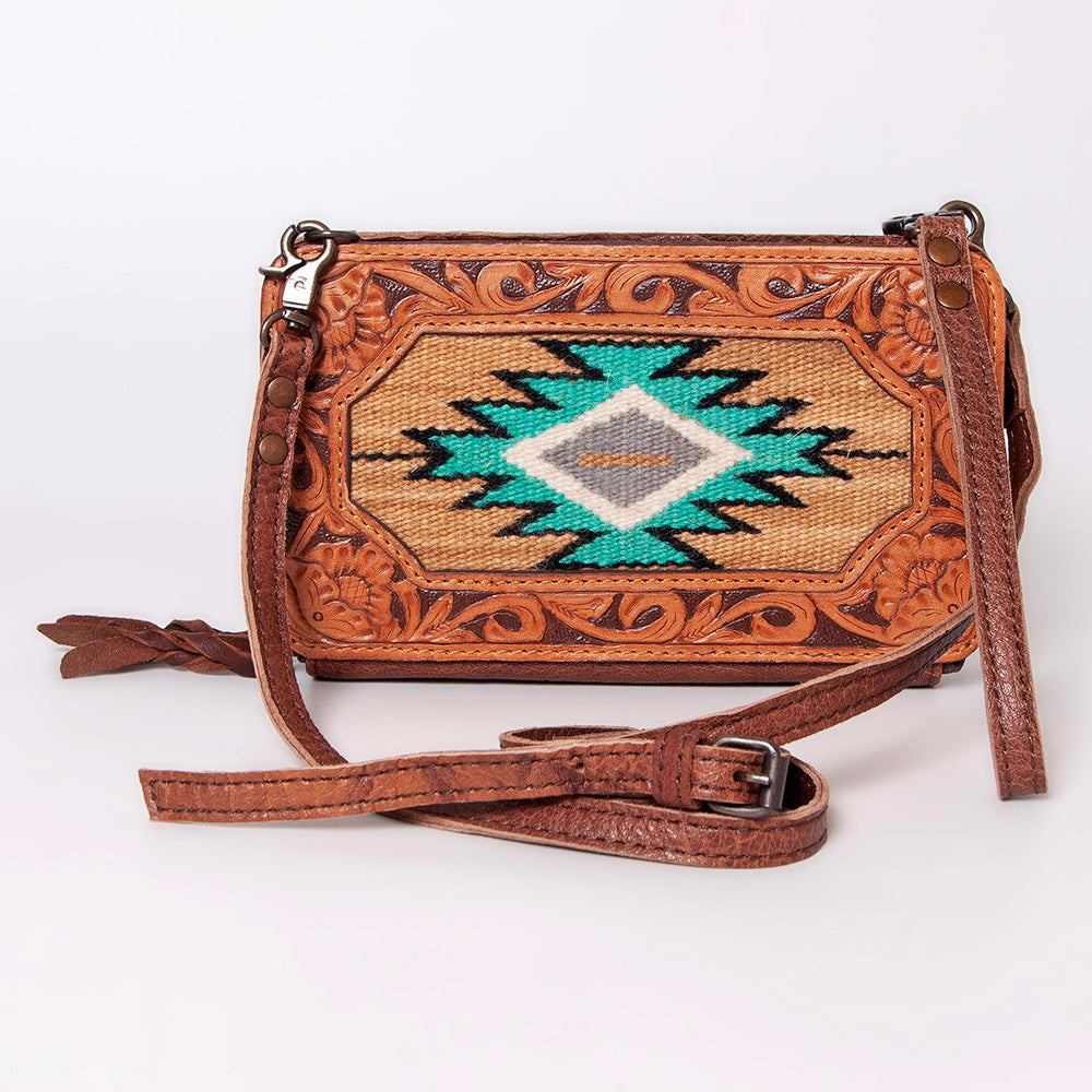 LC-ADBG808 Southwestern Woven Crossbody Wallet with Tooled Genuine Leather Trim