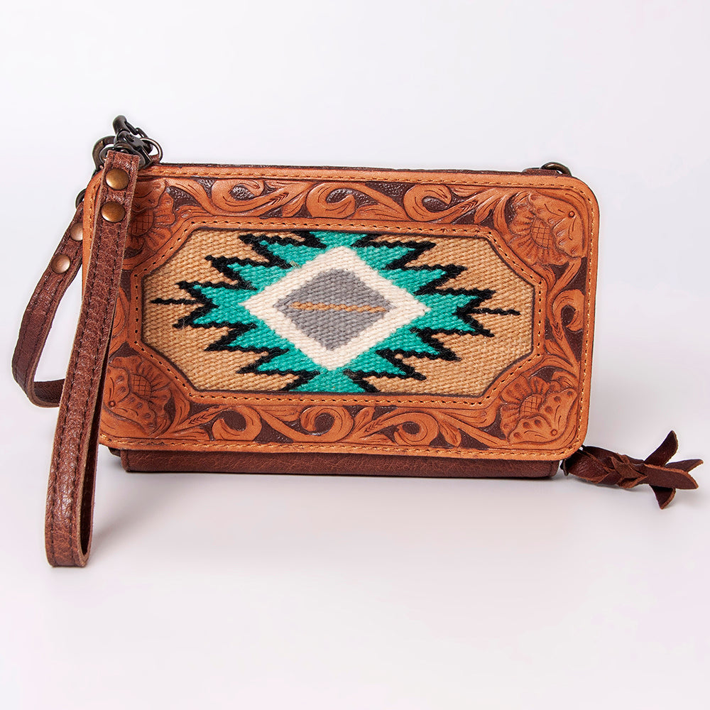 LC-ADBG808 Southwestern Woven Crossbody Wallet with Tooled Genuine Leather Trim