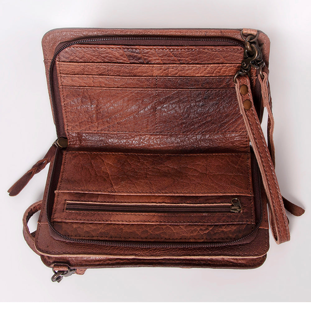 LC-ADBG808 Southwestern Woven Crossbody Wallet with Tooled Genuine Leather Trim