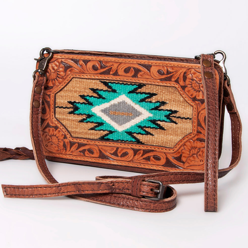 LC-ADBG808 Southwestern Woven Crossbody Wallet with Tooled Genuine Leather Trim