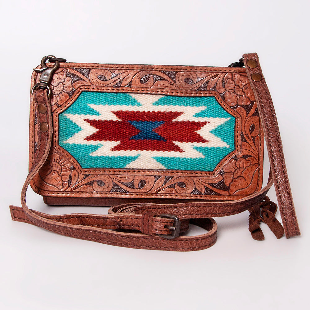 ADBG808 American Darling Hand Tooled Leather Cross body Bag with Woven Saddle Blanket