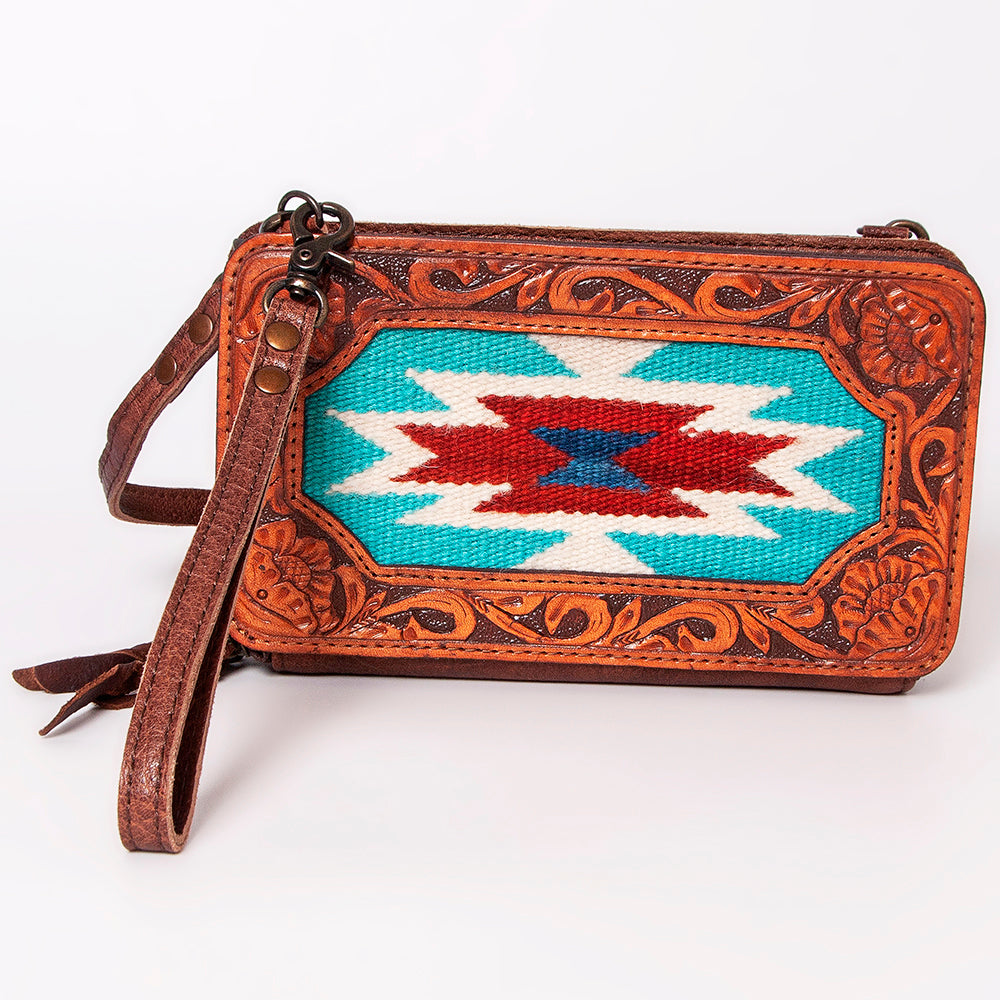 ADBG808 American Darling Hand Tooled Leather Cross body Bag with Woven Saddle Blanket