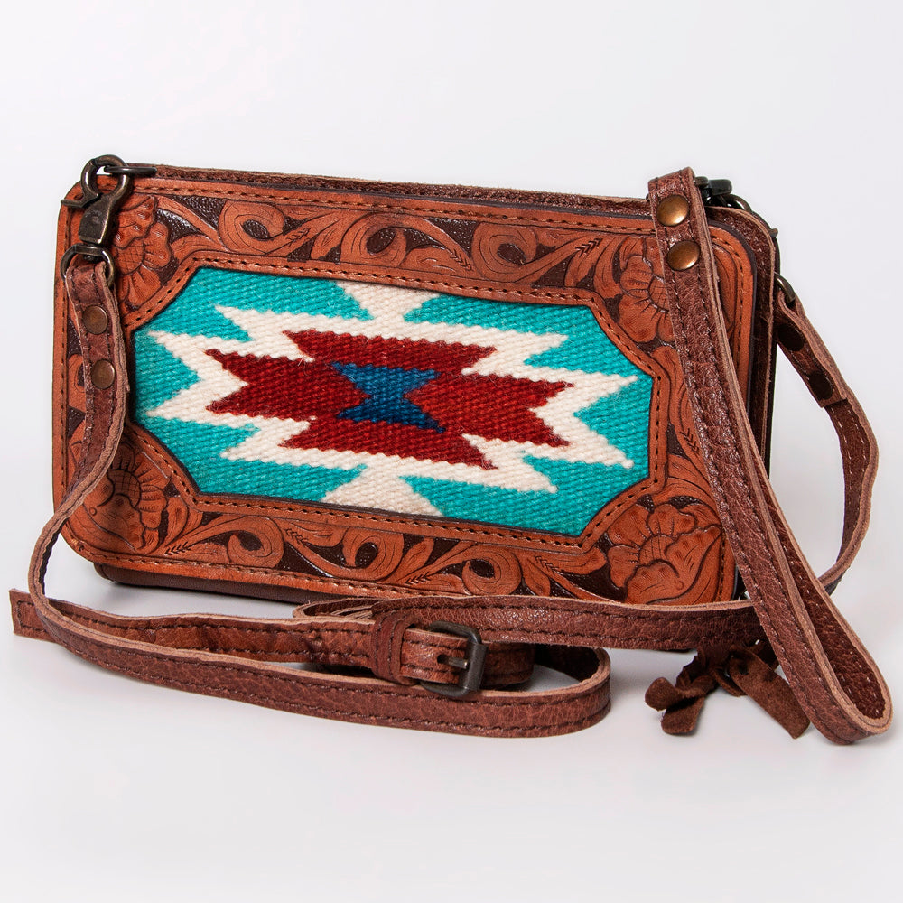 ADBG808 American Darling Hand Tooled Leather Cross body Bag with Woven Saddle Blanket