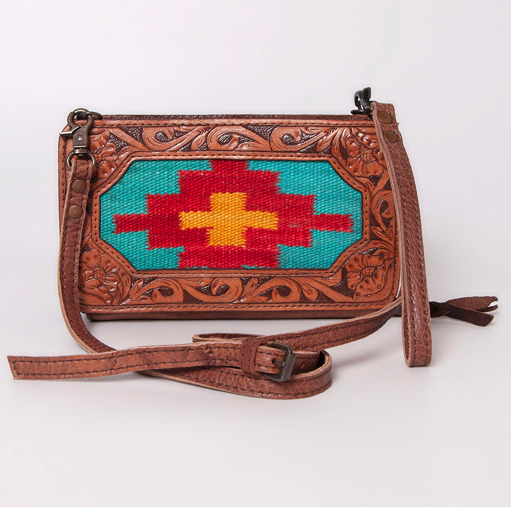 LC-ADBG808 Southwestern Woven Crossbody Wallet with Tooled Genuine Leather Trim