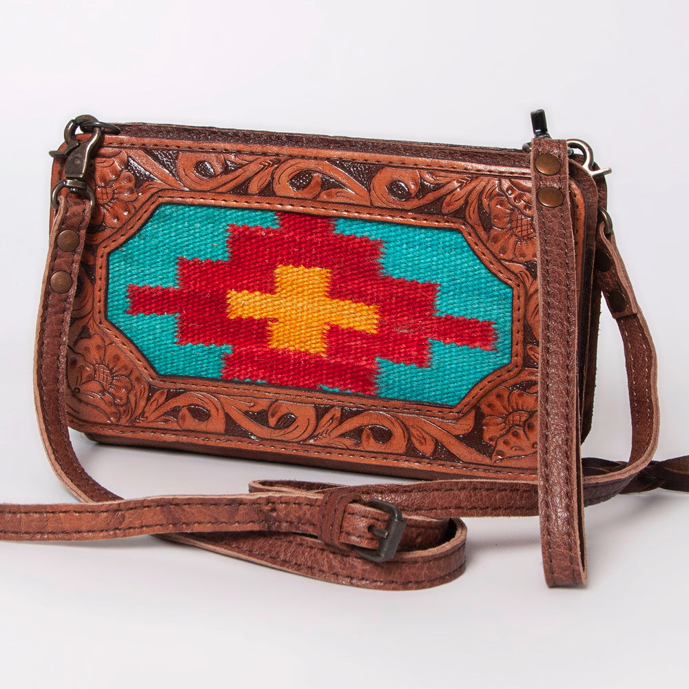 LC-ADBG808 Southwestern Woven Crossbody Wallet with Tooled Genuine Leather Trim
