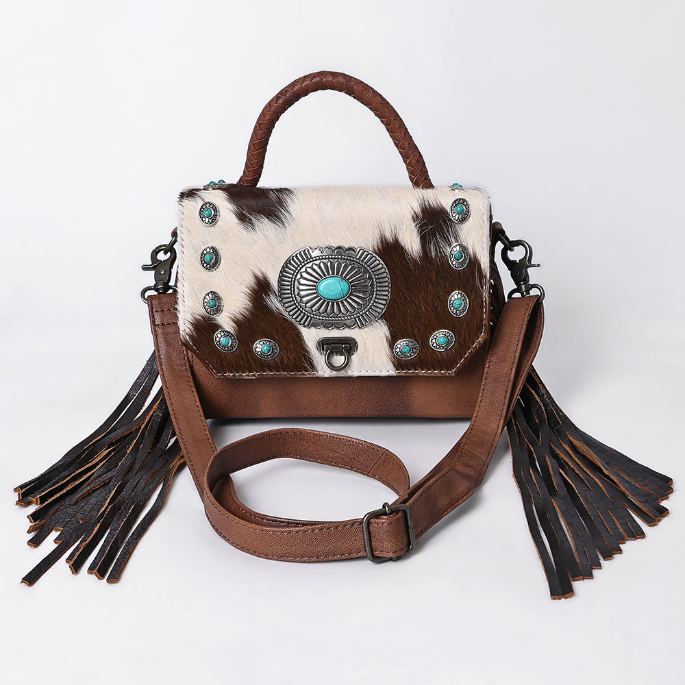 ADBG983 Hair-On Cowhide & Croc Embossed Leather Messenger Purse with Turquoise Conchos Western Fringe Bag