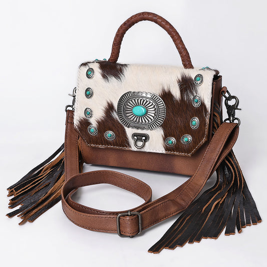 ADBG983 Hair-On Cowhide & Croc Embossed Leather Messenger Purse with Turquoise Conchos Western Fringe Bag