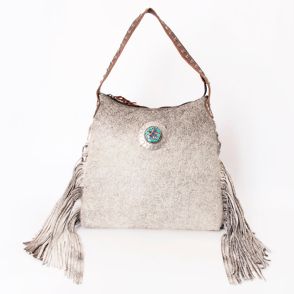 LC-ADBG990 Hair-On Cowhide Leather Shoulder Bag with Turquoise Accent & Fringe American Darling