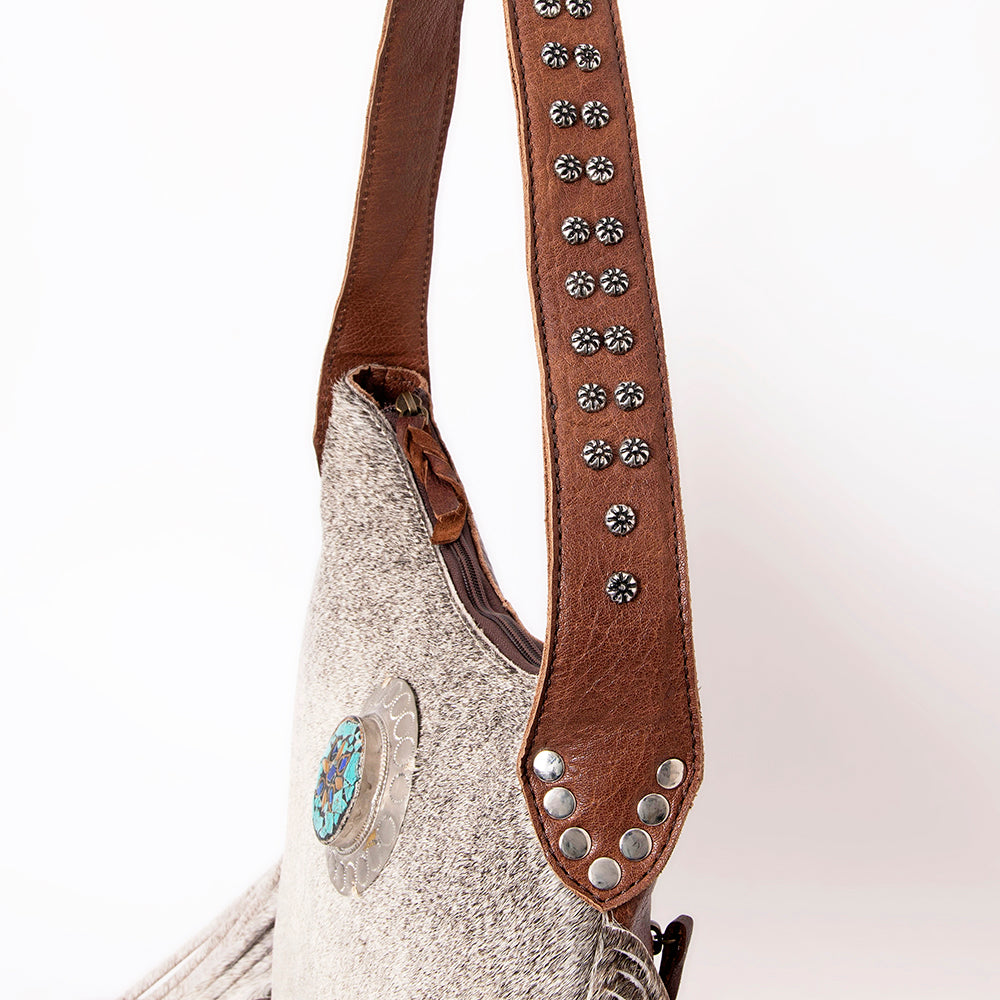 LC-ADBG990 Hair-On Cowhide Leather Shoulder Bag with Turquoise Accent & Fringe American Darling