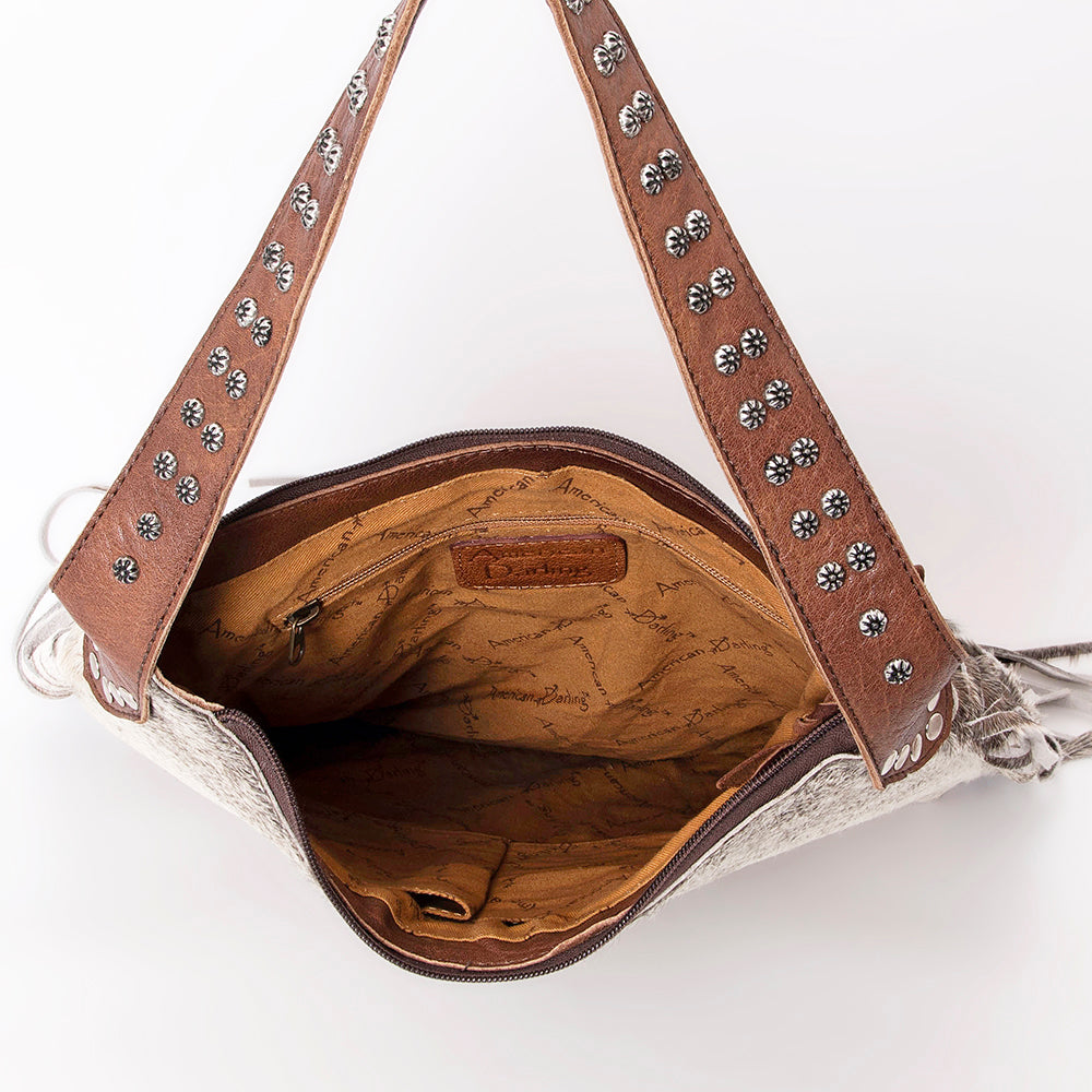 LC-ADBG990 Hair-On Cowhide Leather Shoulder Bag with Turquoise Accent & Fringe American Darling