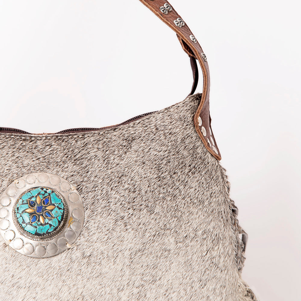 LC-ADBG990 Hair-On Cowhide Leather Shoulder Bag with Turquoise Accent & Fringe American Darling