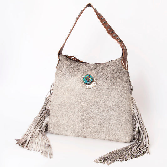 LC-ADBG990 Hair-On Cowhide Leather Shoulder Bag with Turquoise Accent & Fringe American Darling