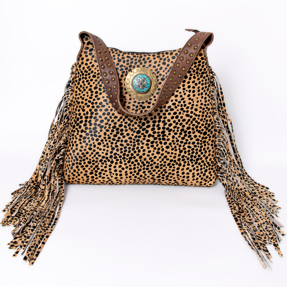 LC-ADBG990 Hair-On Cowhide Leather Shoulder Bag with Turquoise Accent & Fringe American Darling