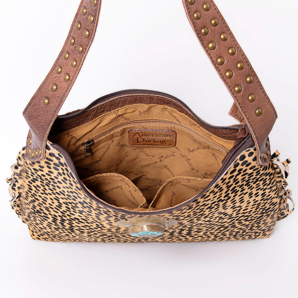 LC-ADBG990 Hair-On Cowhide Leather Shoulder Bag with Turquoise Accent & Fringe American Darling