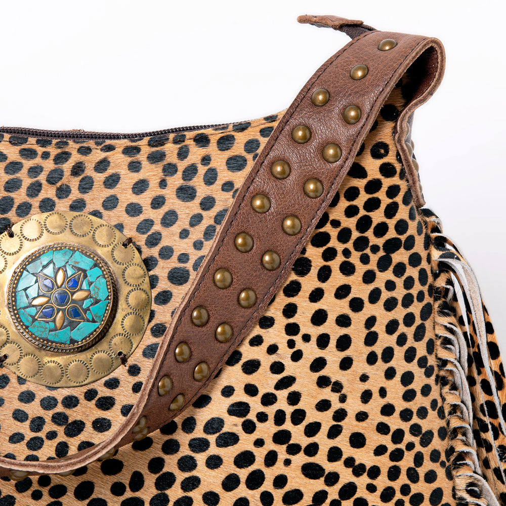 LC-ADBG990 Hair-On Cowhide Leather Shoulder Bag with Turquoise Accent & Fringe American Darling