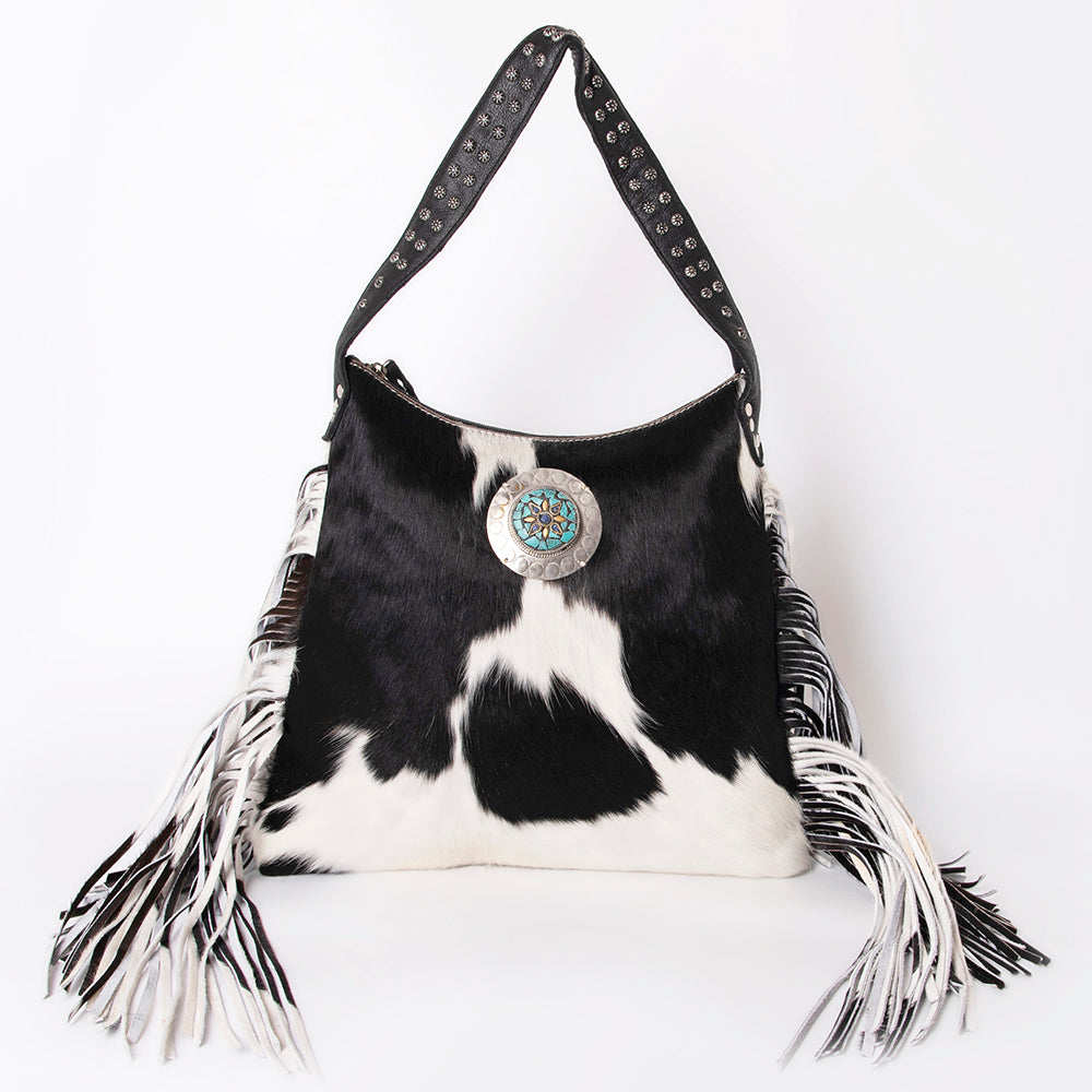 LC-ADBG990 Hair-On Cowhide Leather Shoulder Bag with Turquoise Accent & Fringe American Darling