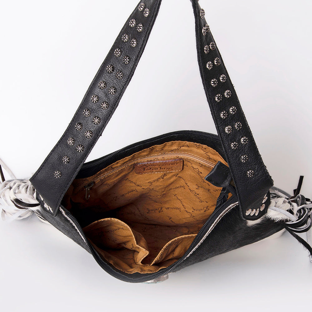 LC-ADBG990 Hair-On Cowhide Leather Shoulder Bag with Turquoise Accent & Fringe American Darling