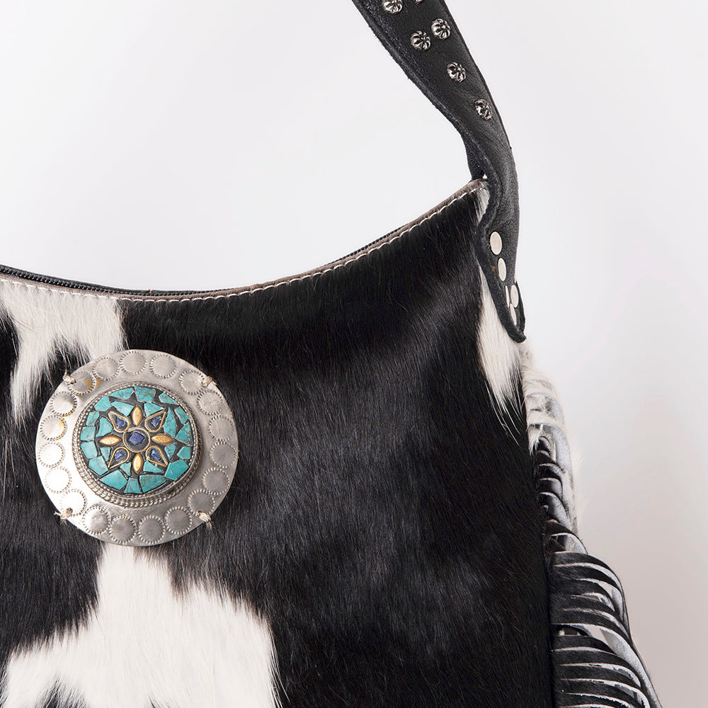 LC-ADBG990 Hair-On Cowhide Leather Shoulder Bag with Turquoise Accent & Fringe American Darling