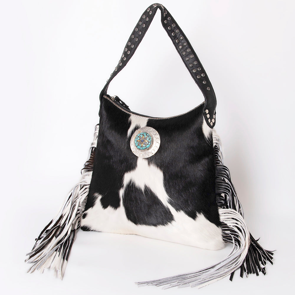 LC-ADBG990 Hair-On Cowhide Leather Shoulder Bag with Turquoise Accent & Fringe American Darling
