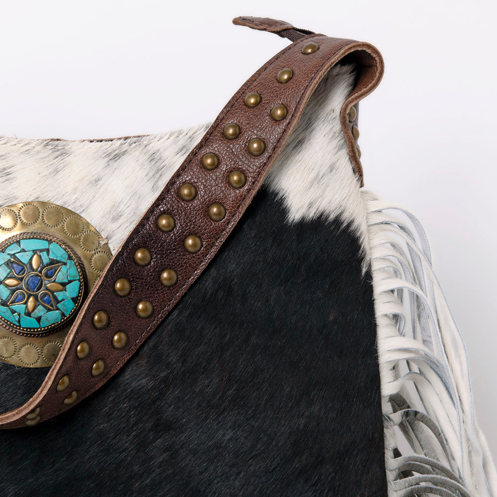 LC-ADBG990 Hair-On Cowhide Leather Shoulder Bag with Turquoise Accent & Fringe American Darling
