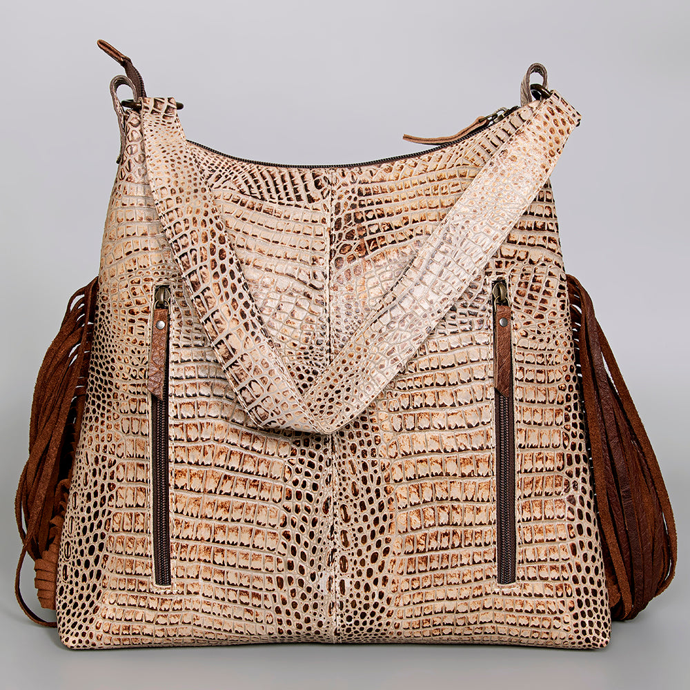 LC-ADBG992 Crocodile Embossed Leather Shoulder Bag with Western Fringe American Darling Handmade