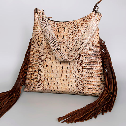 LC-ADBG992 Crocodile Embossed Leather Shoulder Bag with Western Fringe American Darling Handmade