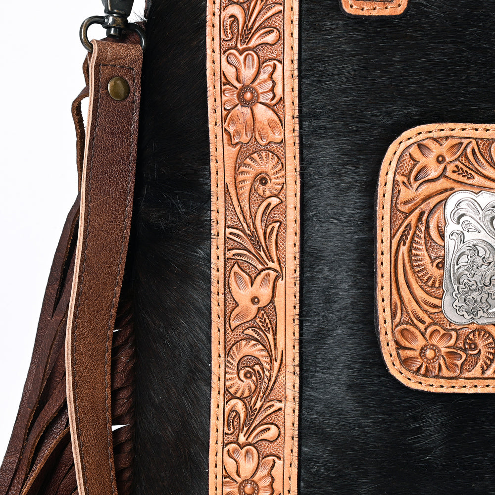 ADBG993 Western Hair-On Cowhide Tote with Tooled Leather & Fringe American Darling