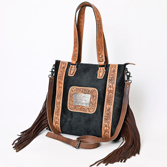 ADBG993 Western Hair-On Cowhide Tote with Tooled Leather & Fringe American Darling