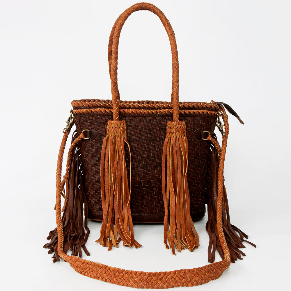 ADBGD146 Woven Leather Western Tote Bag with Braided Fringe & Dual Strap