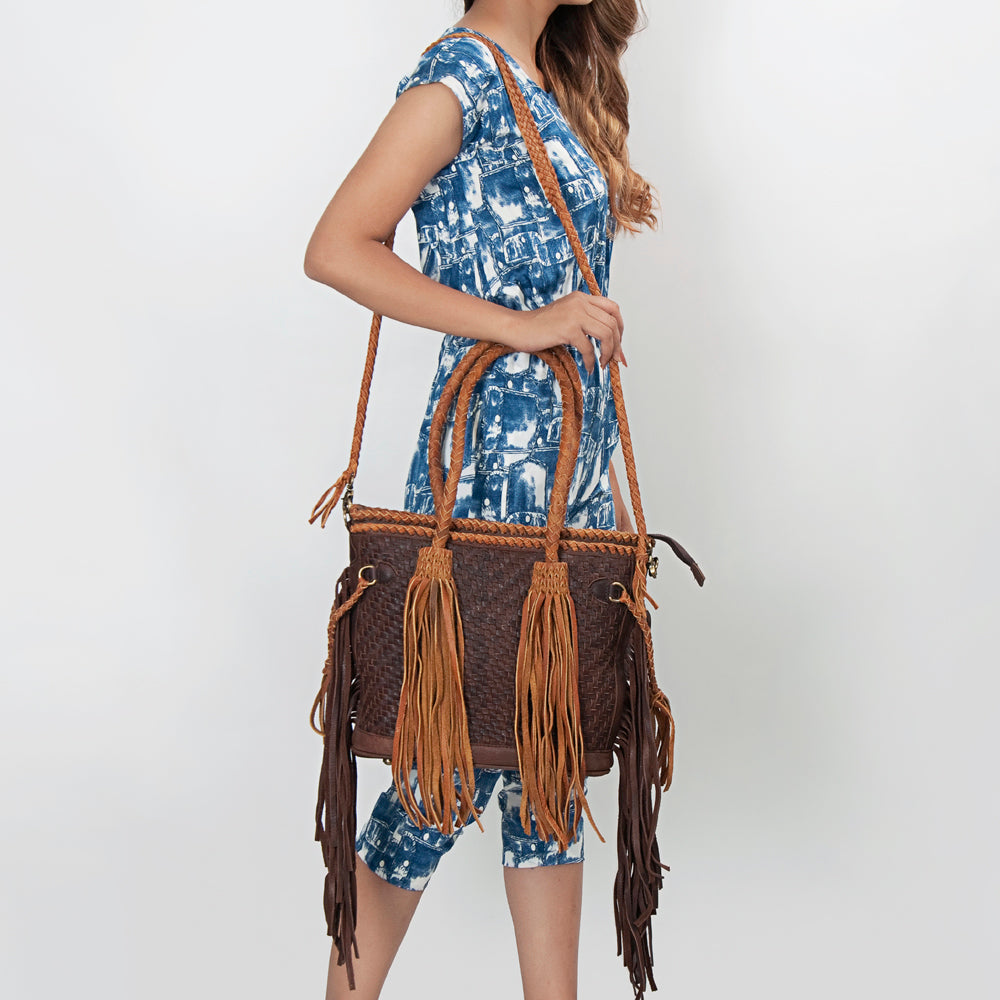 ADBGD146 Woven Leather Western Tote Bag with Braided Fringe & Dual Strap