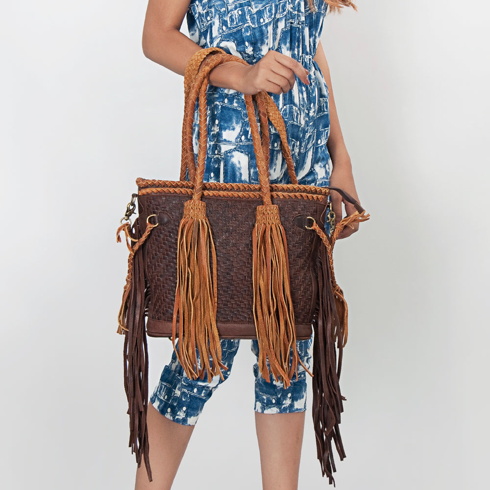 ADBGD146 Woven Leather Western Tote Bag with Braided Fringe & Dual Strap