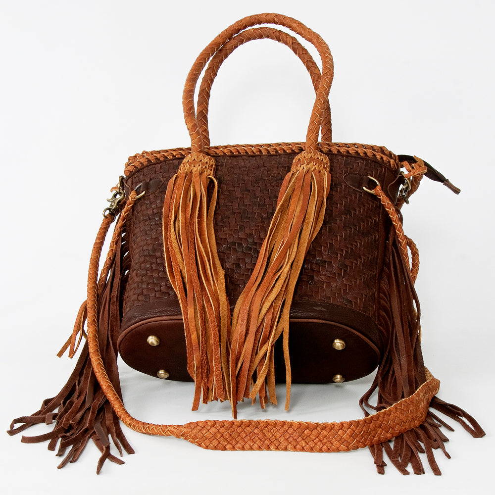 ADBGD146 Woven Leather Western Tote Bag with Braided Fringe & Dual Strap