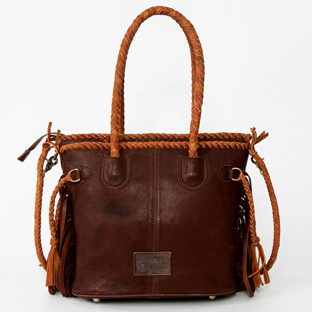 ADBGD146 Woven Leather Western Tote Bag with Braided Fringe & Dual Strap